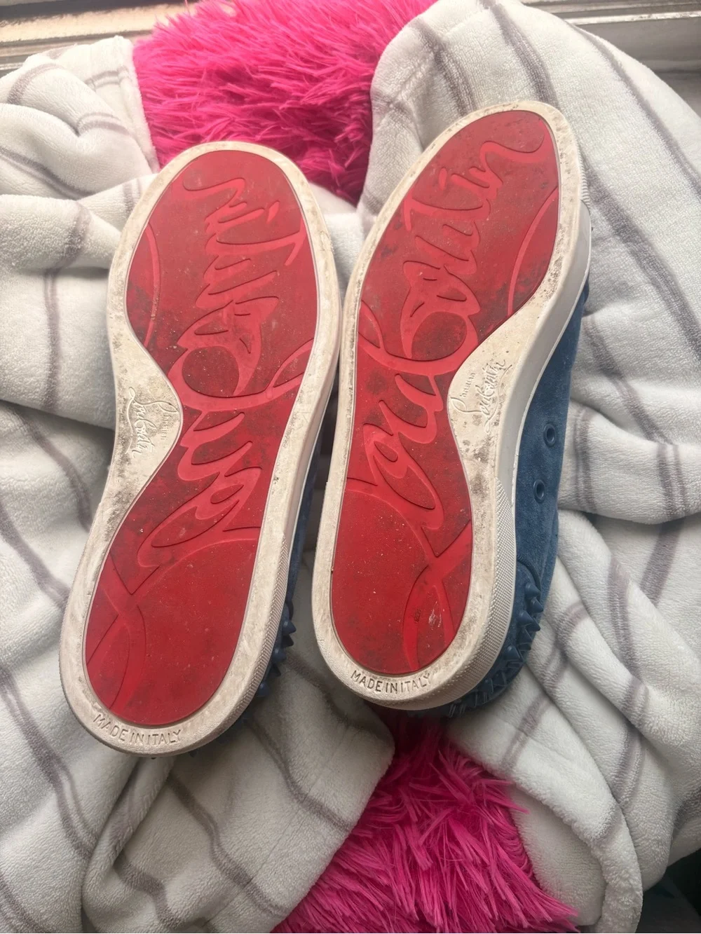 Christian Louboutin Blue Suede Spike-Trim Sneakers with White Laces